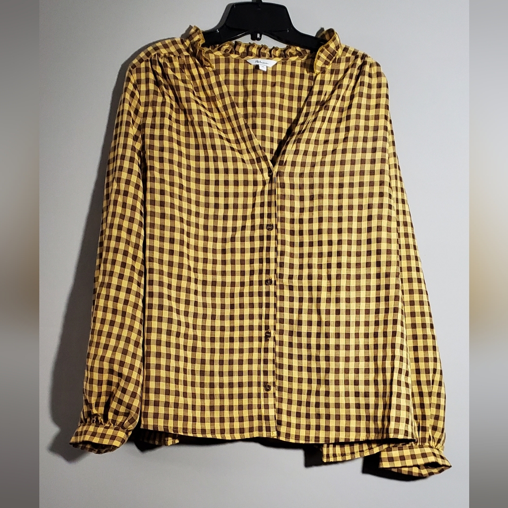 2X Reitmans Mustard Yellow Plaid Button-down V-neck Baloon Sleeves Top